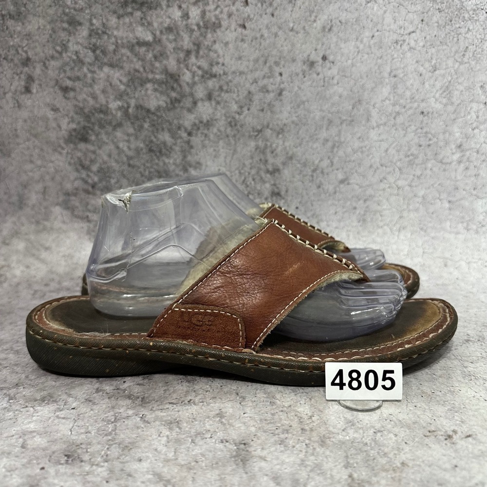 UGG Layback Sandals Mens Size 10 Brown Leather Shearling Lined Thong Flip Flops